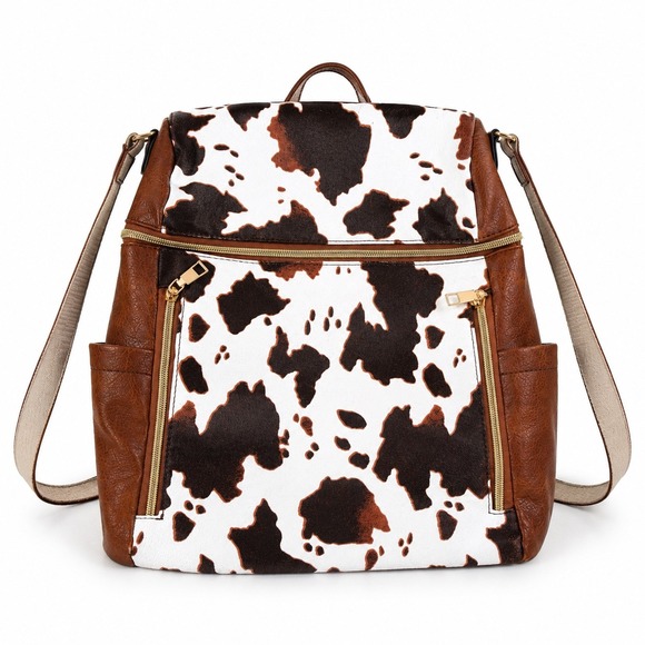 Handbags - Vintage Y2K Cow Print Boho Western Brown White Faux Leather School Back Pack